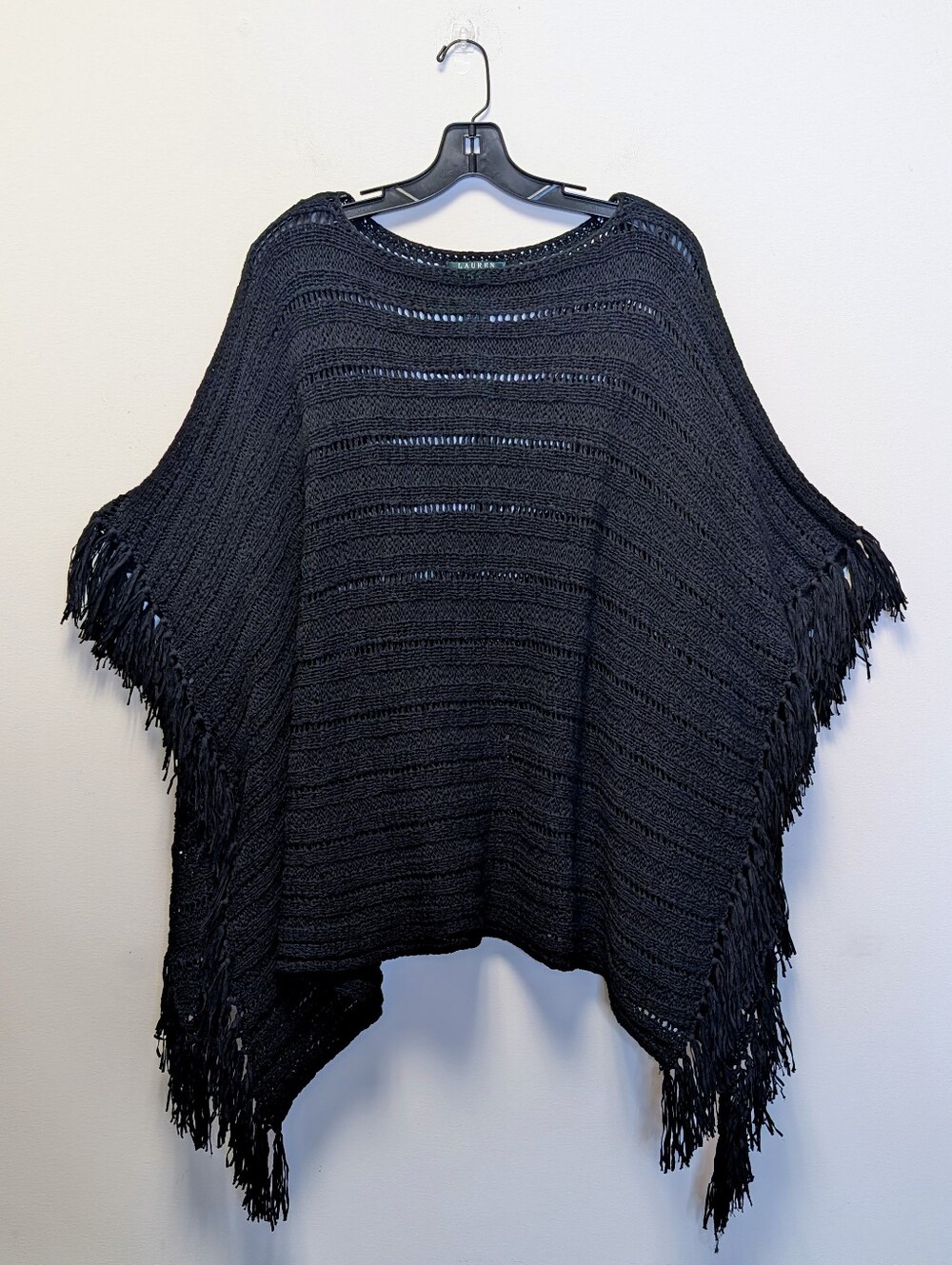 Lauren Ralph Lauren Black Open Knit Fringe Poncho Sweater S/M